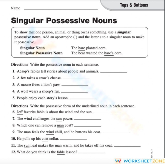 A second grade student worksheet showing exercises for forming singular possessive nouns with apostrophes and letter s