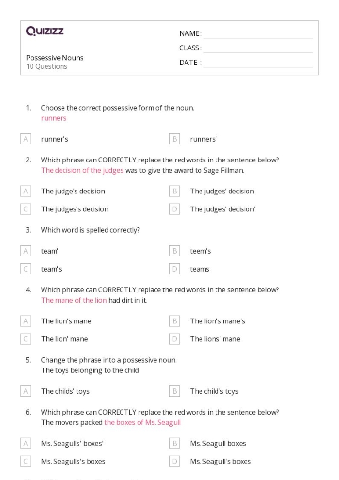 Second grade grammar worksheet focusing on forming singular possessive nouns with apostrophes