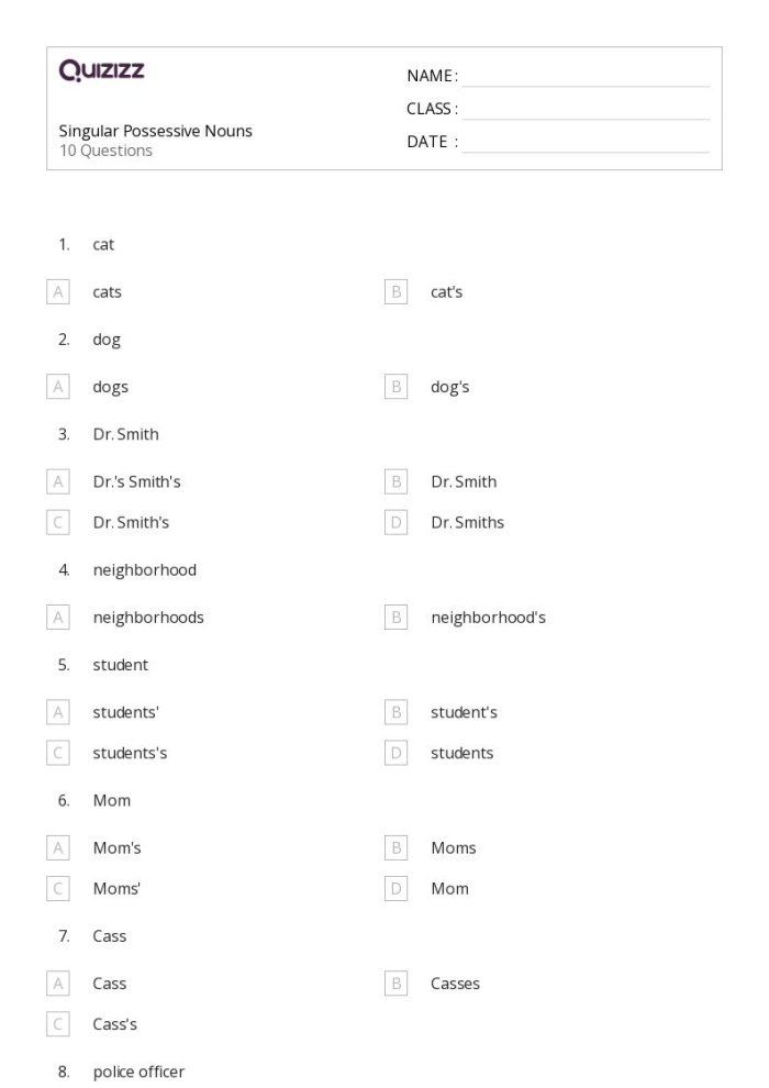 A second grade student worksheet showing exercises for forming singular possessive nouns with apostrophes