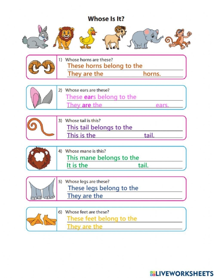 Second grade worksheet for learning how to form singular possessive nouns with apostrophes