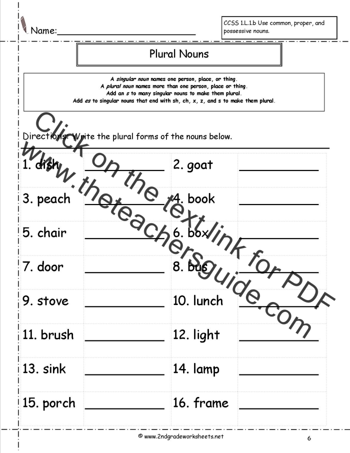 Educational resource for second graders to practice singular to plural noun conversion Worksheet showing kids transforming singular nouns into plural forms ending with s or es