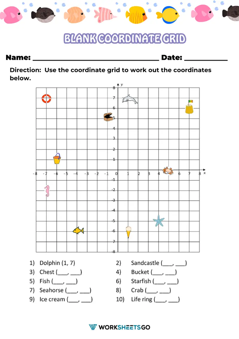 Grammar and Mechanics worksheet for Sixth Grade Interactive worksheet for the Sink the Ship coordinate plane game, featuring two players graphing points. Title for the image of the Sink the Ship activity for sixth-grade learners focusing on coordinate graphing skills.