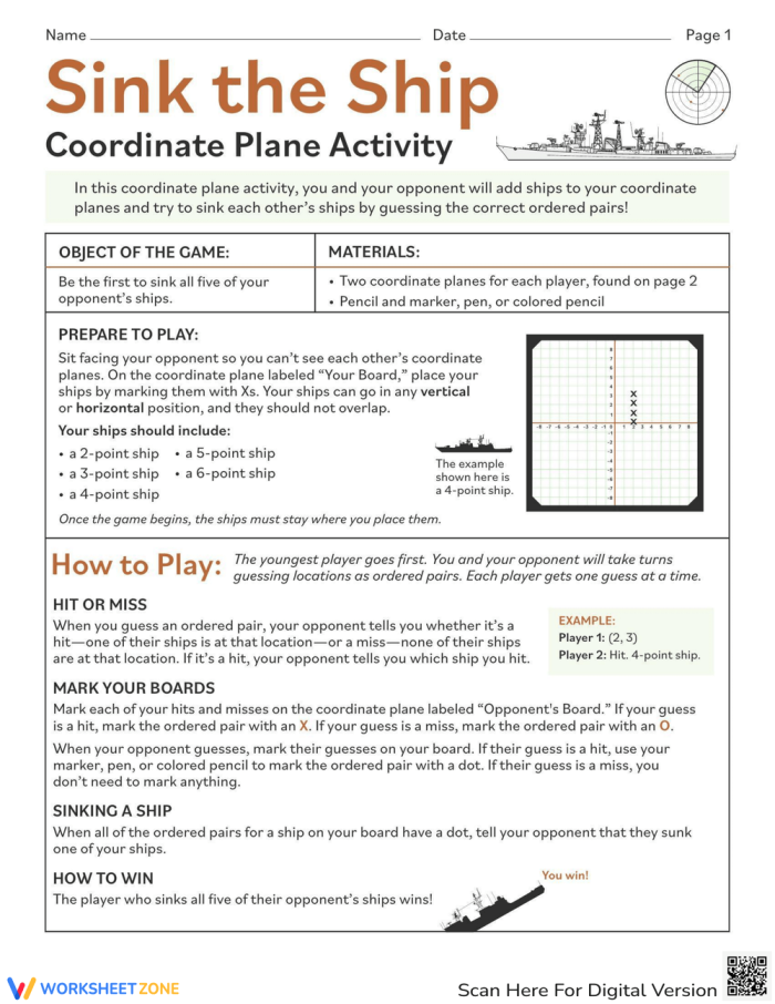 Sink the Ship Coordinate Plane Activity Worksheet Number Four Sixth grade students playing the Sink the Ship coordinate plane graphing game