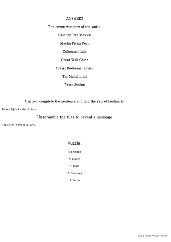 Students researching the New Seven Wonders of the World landmarks for a sixth grade number theory worksheet activity