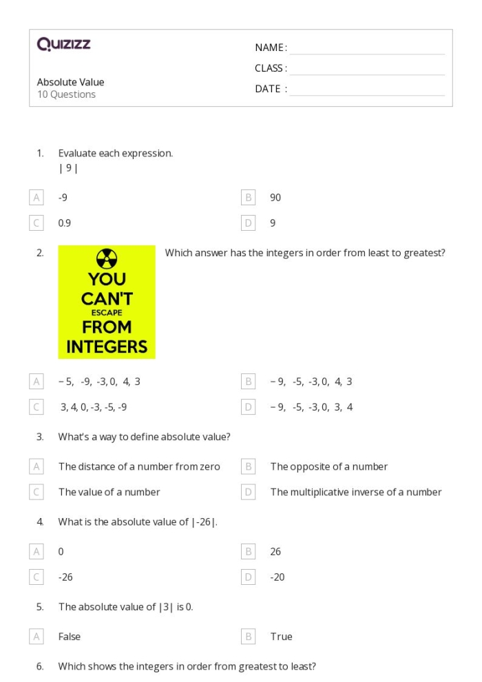 Sixth grade math worksheet featuring absolute value exercises and comparison challenges