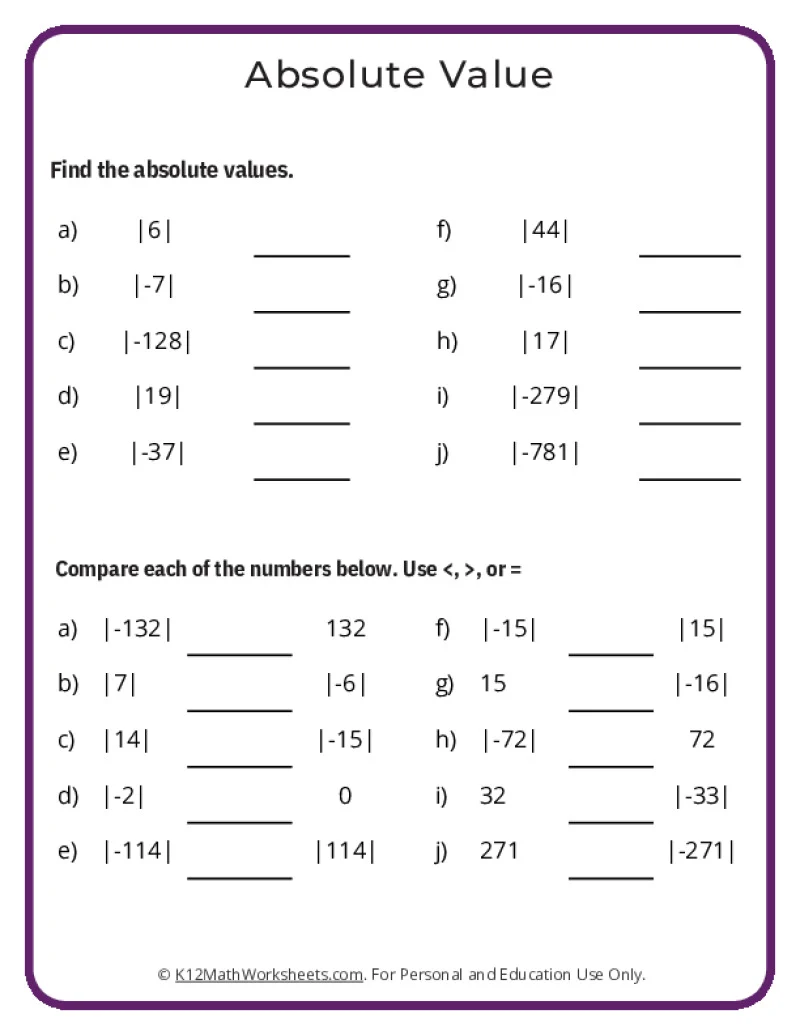 Sixth grade student solving absolute value comparison problems on a math worksheet