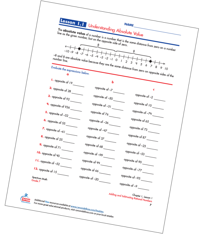 Sixth grade student solving absolute value problems on a practice worksheet with number line examples