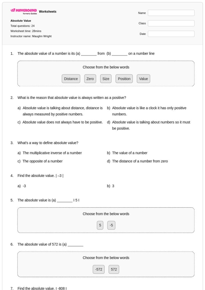 Sixth grade worksheet featuring problems on calculating and comparing absolute values