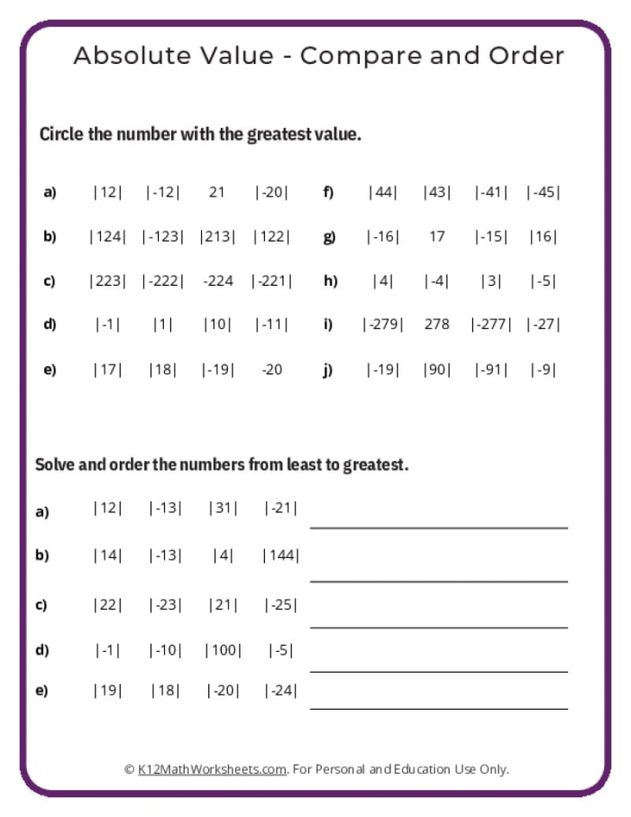 Sixth grade math worksheet showing practice problems for finding absolute value of positive and negative fractions and rational numbers