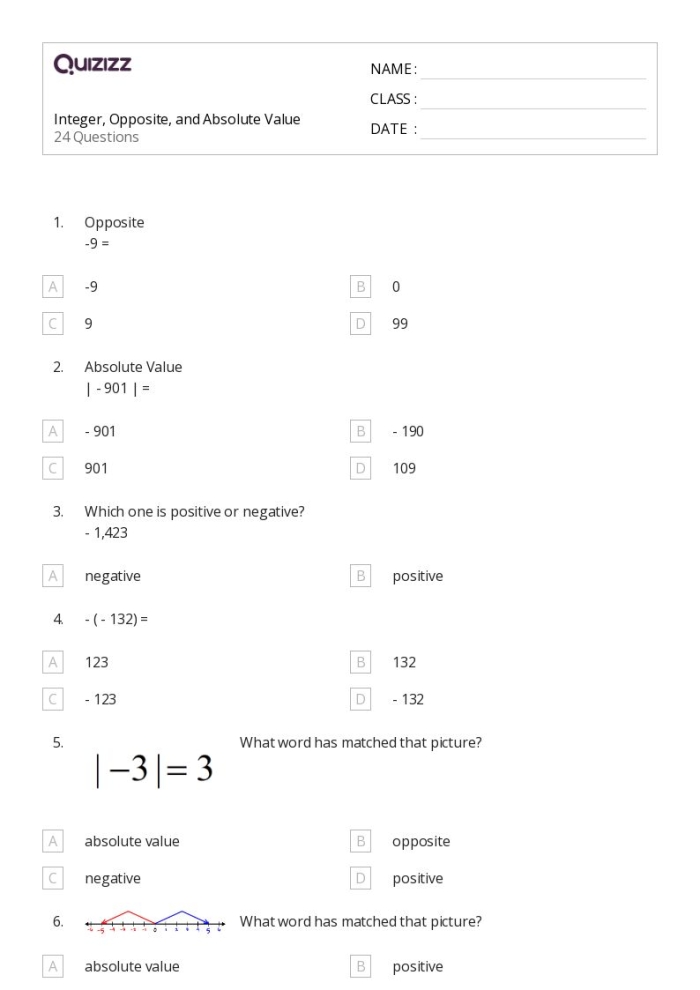 Sixth grade math worksheet for practicing opposites and absolute values of rational numbers