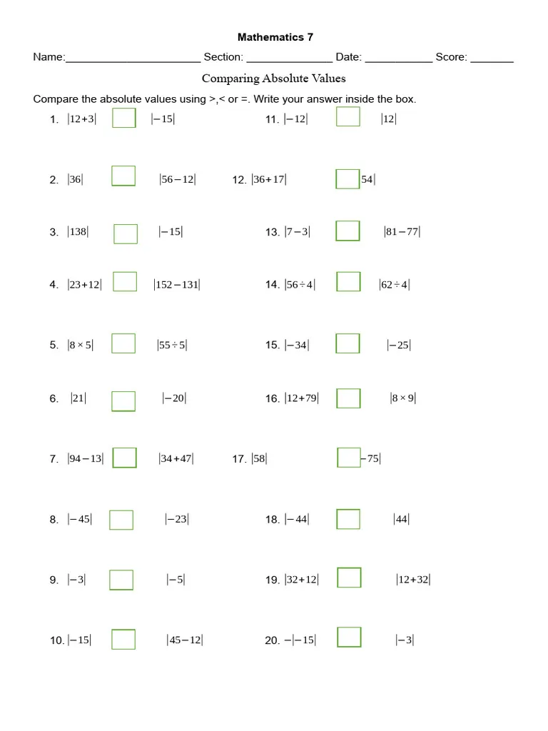 Sixth grade student solving absolute value problems on a math worksheet with number line examples