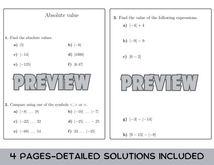 Sixth grade math worksheet focused on calculating and comparing the absolute value of rational numbers and fractions