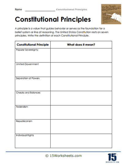 Students analyzing the guiding principles of the U.S. Constitution in a worksheet. Engaging sixth-grade social studies activity on constitutional principles.