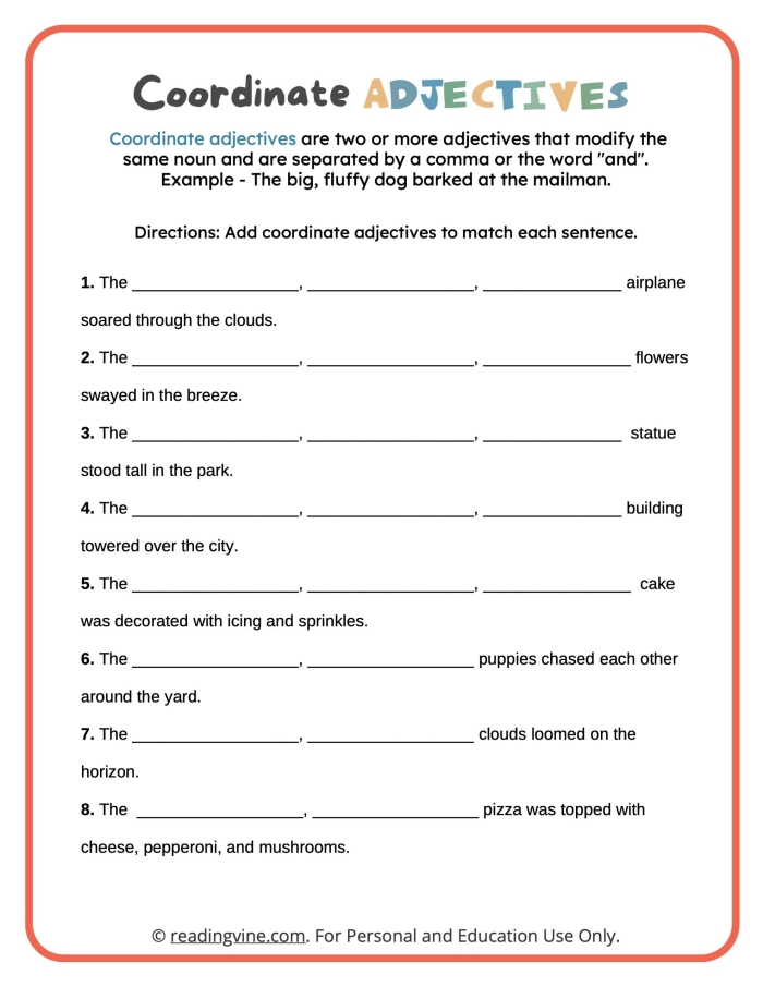 Sixth grade adjective reference guide worksheet for writing activities