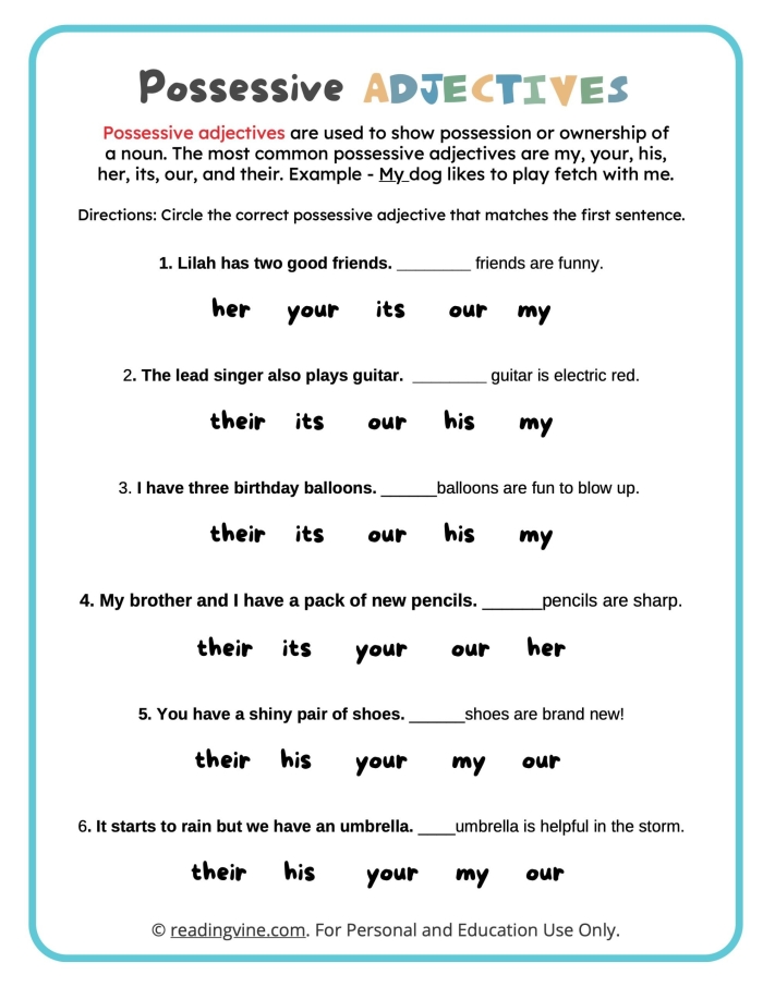 Sixth grade student reference sheet displaying a collection of descriptive adjectives organized by category for writing assignments