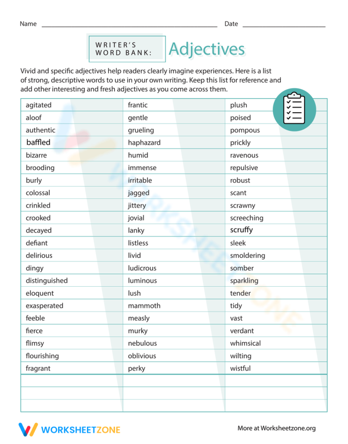 Sixth grade printable writer’s word bank worksheet featuring a list of useful adjectives for students