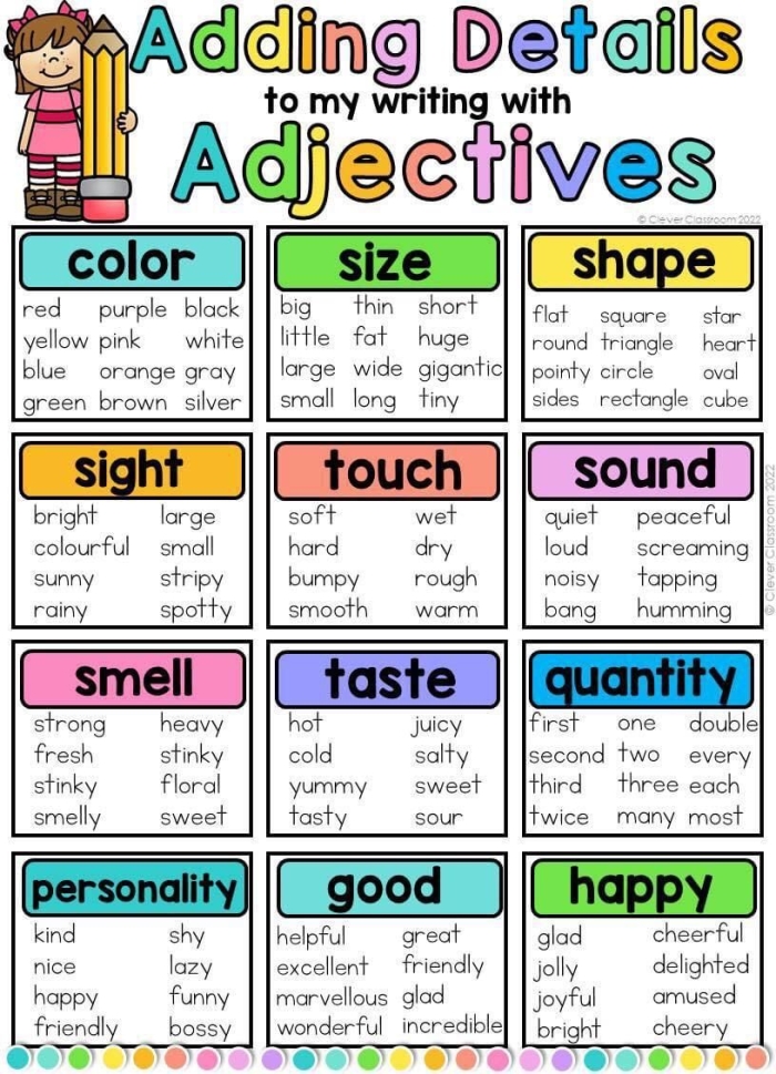 Sixth grade student worksheet featuring a comprehensive writer word bank filled with descriptive adjectives
