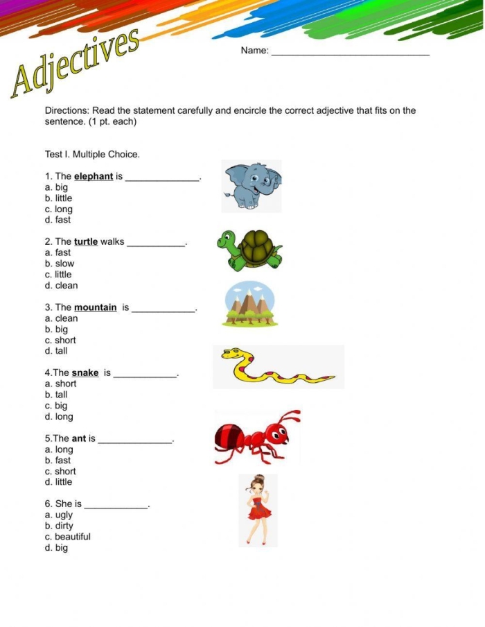 Sixth grade students using a reference handout featuring a comprehensive word bank of descriptive adjectives