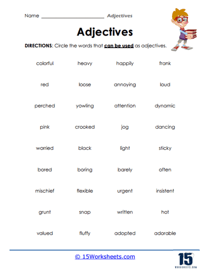 Sixth grade student reference sheet displaying a collection of descriptive adjectives for creative writing assignments