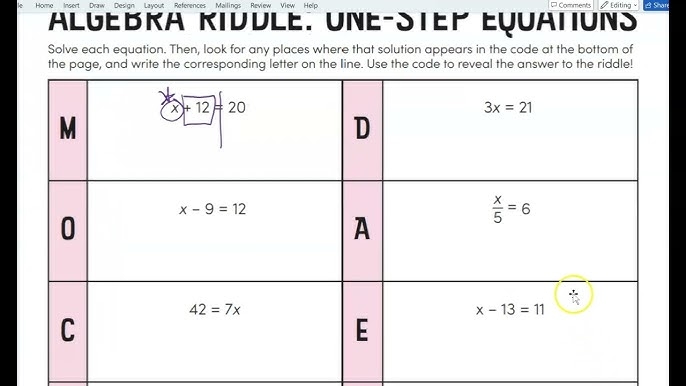 Algebra Riddle worksheet featuring one-step equations for sixth graders