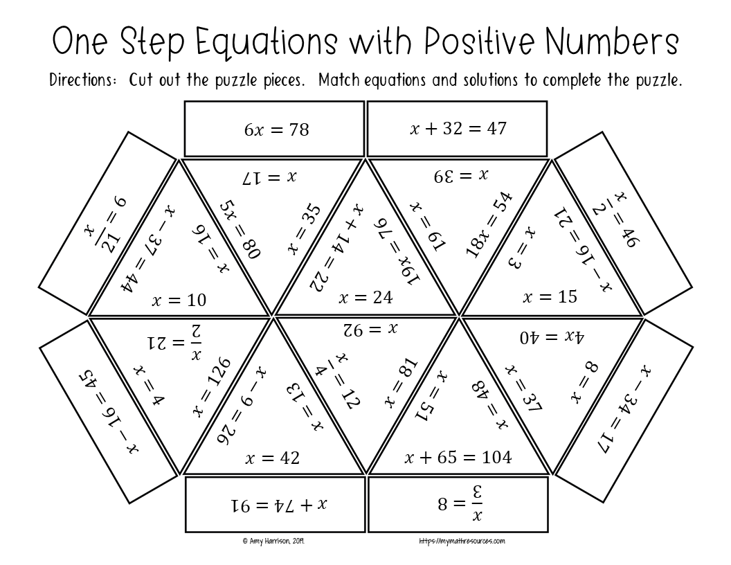 Worksheet featuring an Algebra riddle focused on one-step equations for sixth graders
