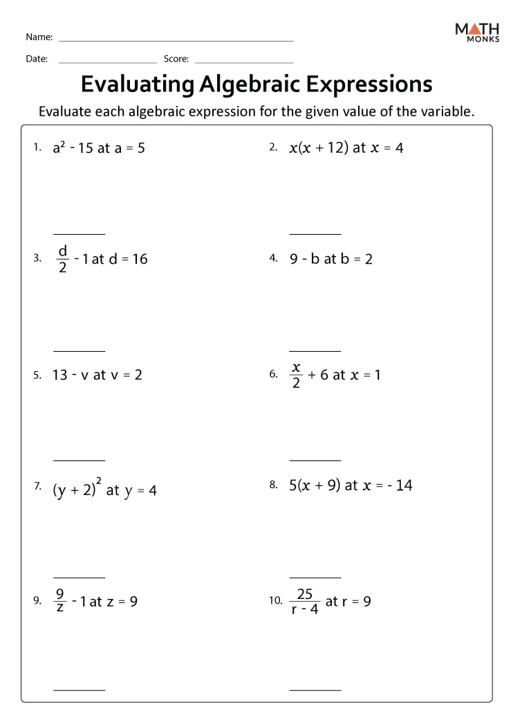 Worksheet for practicing the evaluation of algebraic expressions in sixth grade math