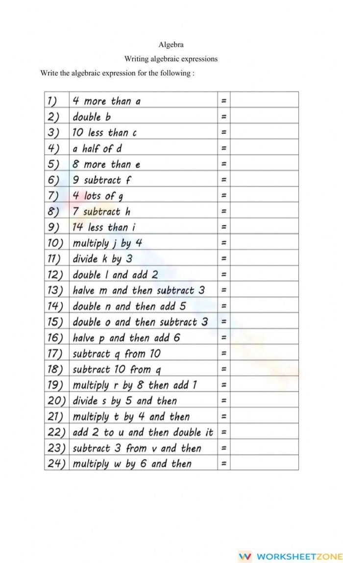 Worksheet for writing algebraic expressions in sixth grade math