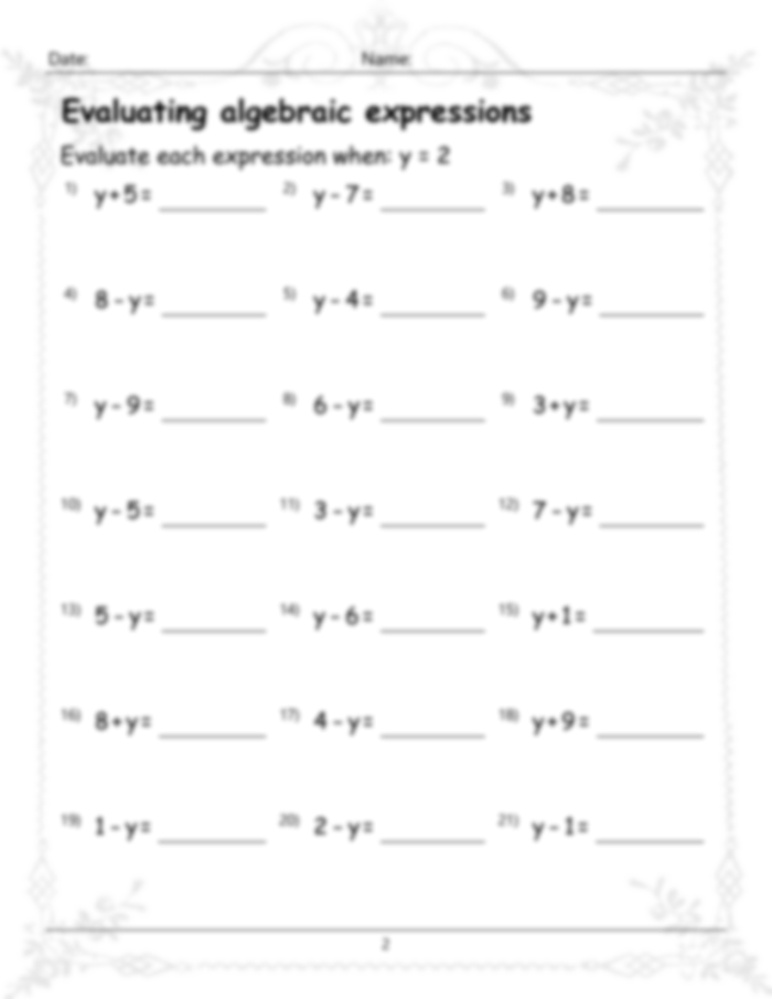 Sixth grade worksheet for practicing the evaluation of algebraic expressions by substituting variables and using order of operations