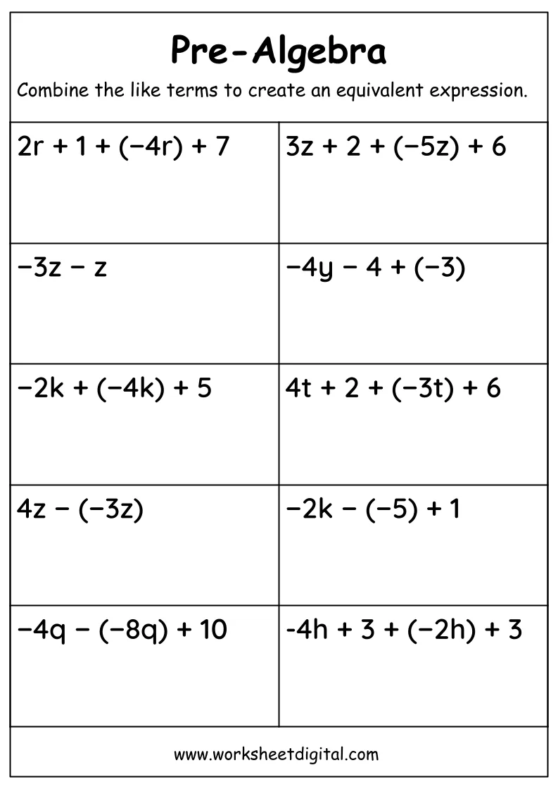 Sixth grade student working on a worksheet for evaluating algebraic expressions with variables