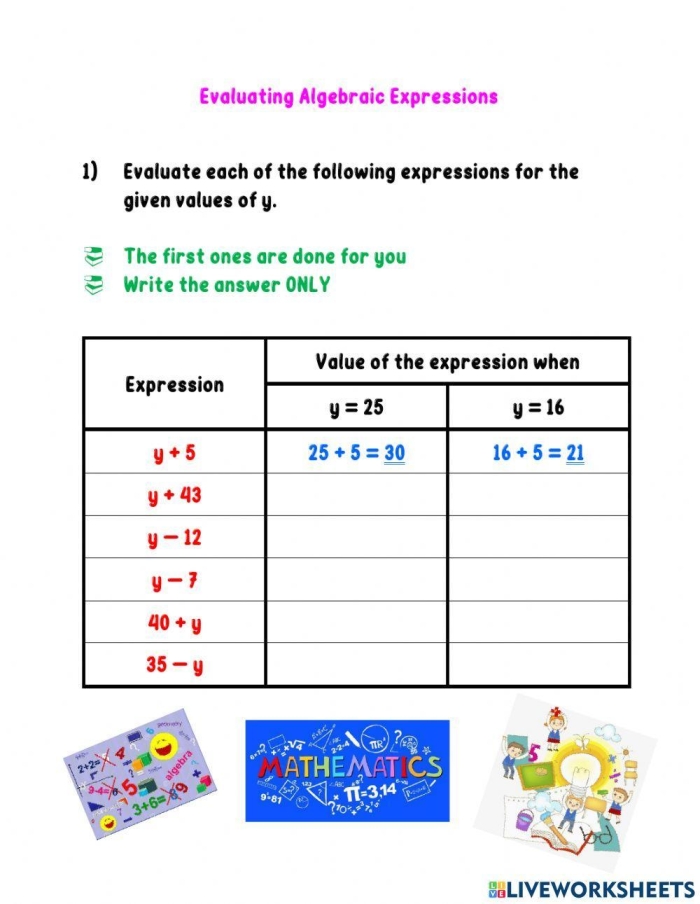 Worksheet for writing algebraic expressions, designed for sixth-grade students