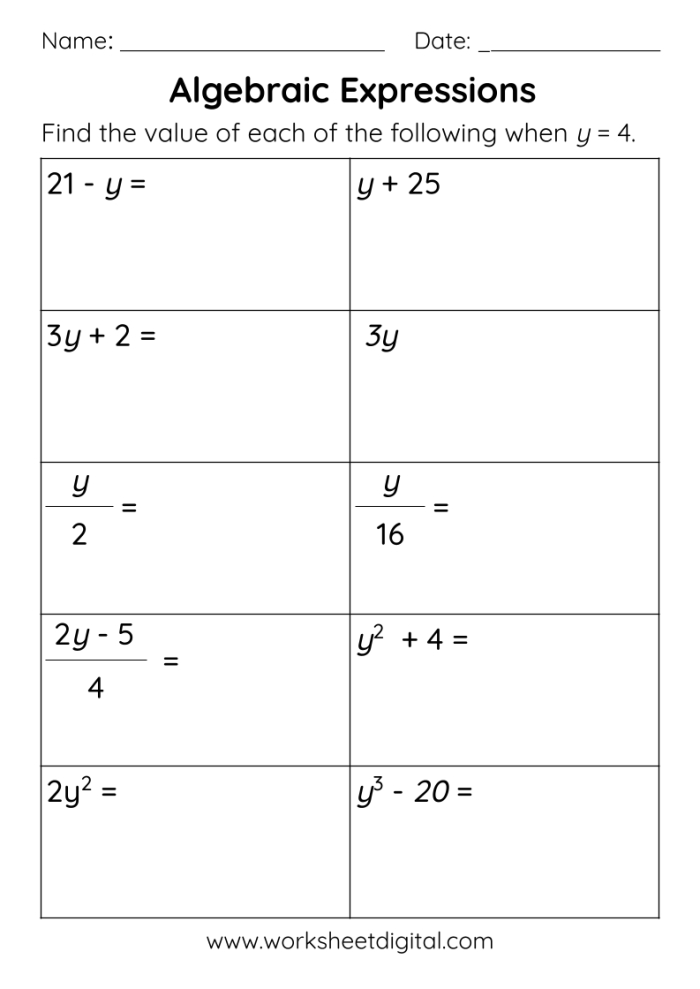 Algebra Expressions worksheet for sixth graders focusing on the order of operations