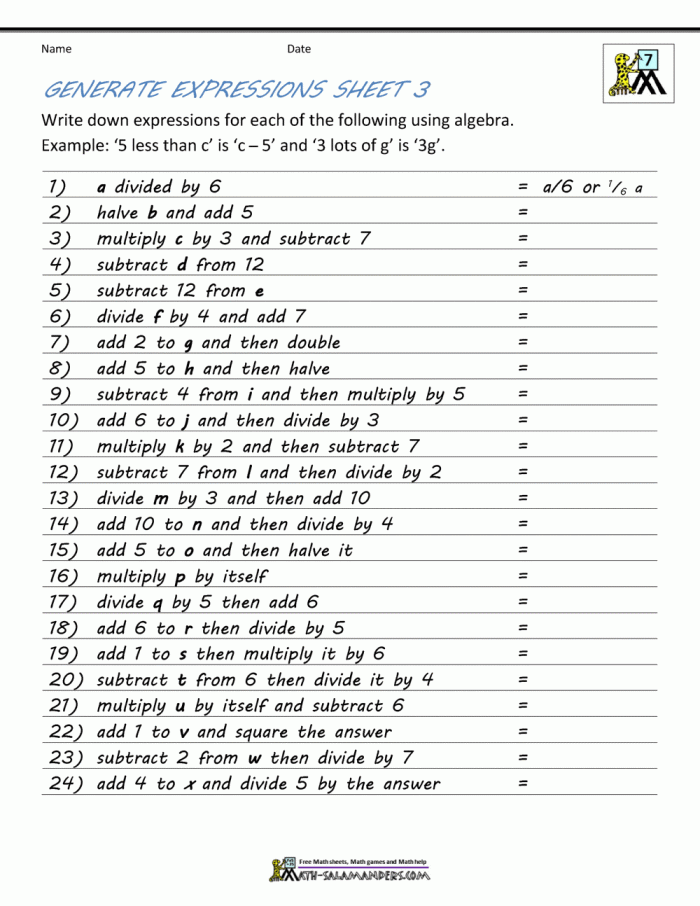 Algebra Expressions worksheet for sixth graders focusing on order of operations