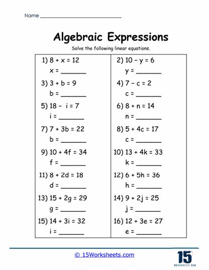 Sixth grade worksheet for practicing the evaluation of algebraic expressions by substituting values and applying order of operations