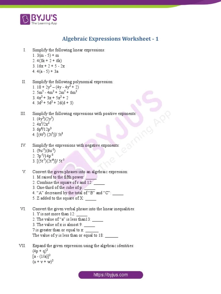 Algebra Expressions worksheet for sixth graders focusing on order of operations