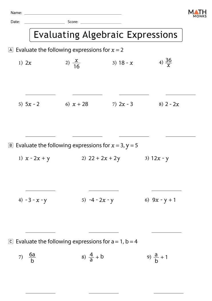 Algebra Expressions worksheet designed for sixth graders to master operations