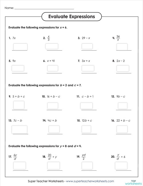 Algebra Expressions worksheet designed for sixth graders to practice order of operations