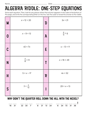 Sixth grade math worksheet featuring a fun riddle to solve one-step algebraic equations