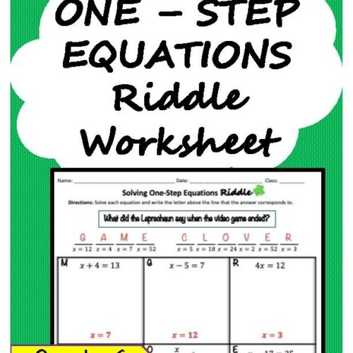 Sixth grade student solving a one-step algebra equation on a fun riddle worksheet