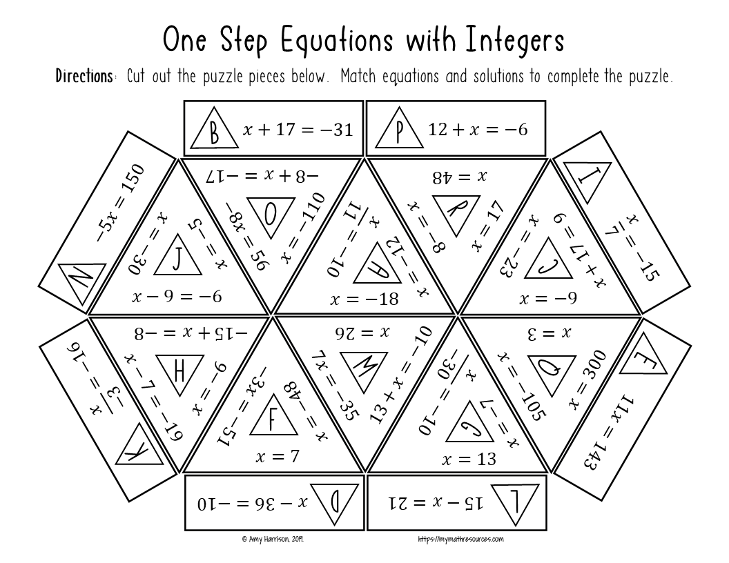 Sixth grade algebra worksheet featuring a fun puzzle to solve one-step equations labeled number thirteen