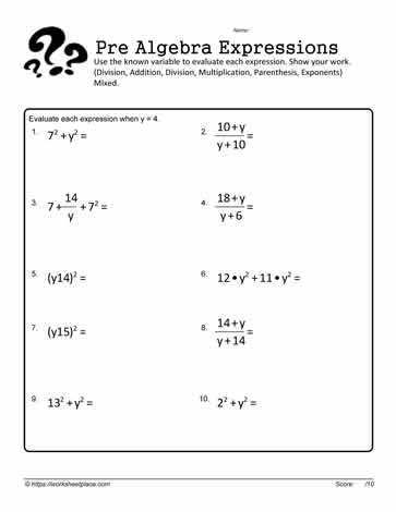 Worksheet for simplifying algebraic expressions in sixth-grade math
