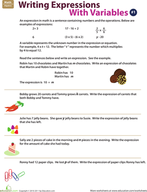 Worksheet for converting words to algebraic expressions with variables for sixth graders
