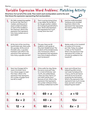 Sixth-grade student solving mixed operation word problems to write algebraic expressions on a worksheet