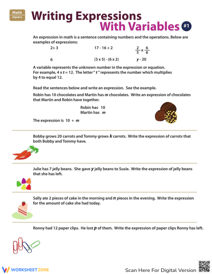 Sixth grade worksheet featuring algebra word problems for practicing variable expressions