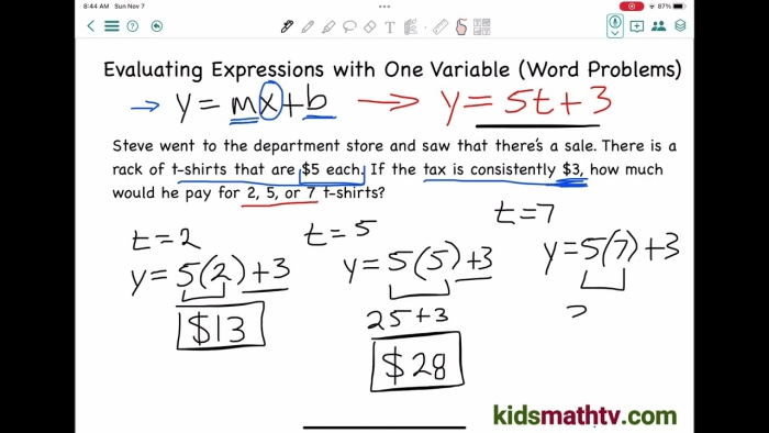Sixth-grade student solving algebra word problems to write variable expressions with mixed operations