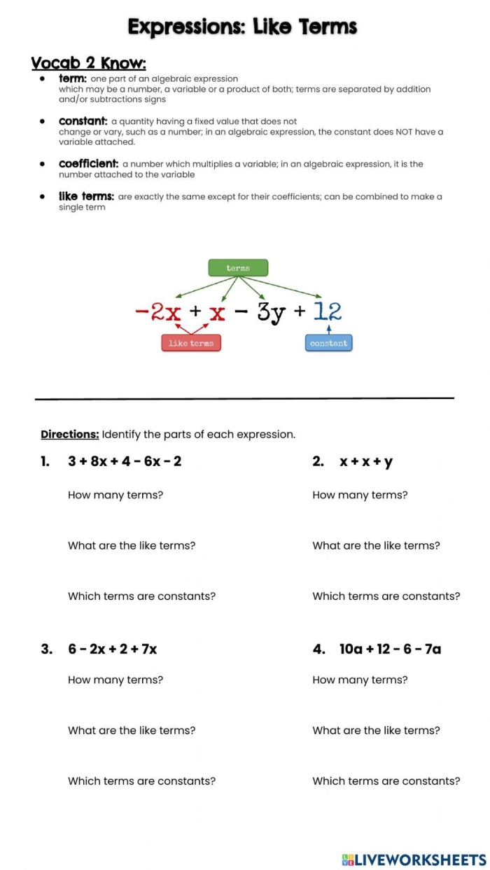 Sixth grade student working through algebraic expression problems on a practice worksheet with pencil