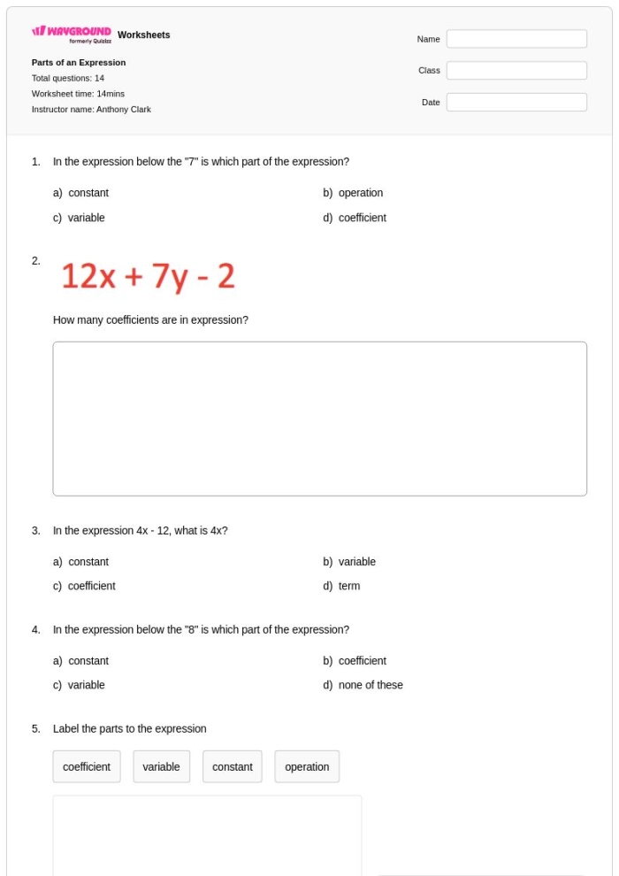 Sixth grade student working through algebraic expression problems on a practice worksheet with pencil and paper