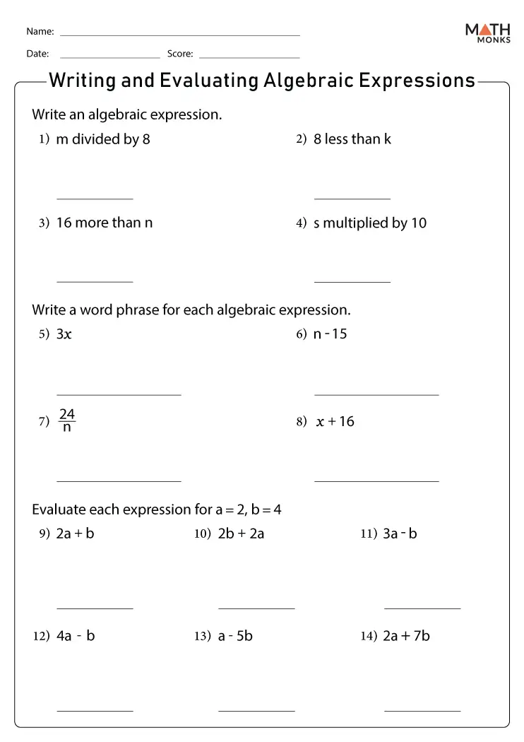 Worksheet for practicing the evaluation of algebraic expressions in sixth grade math