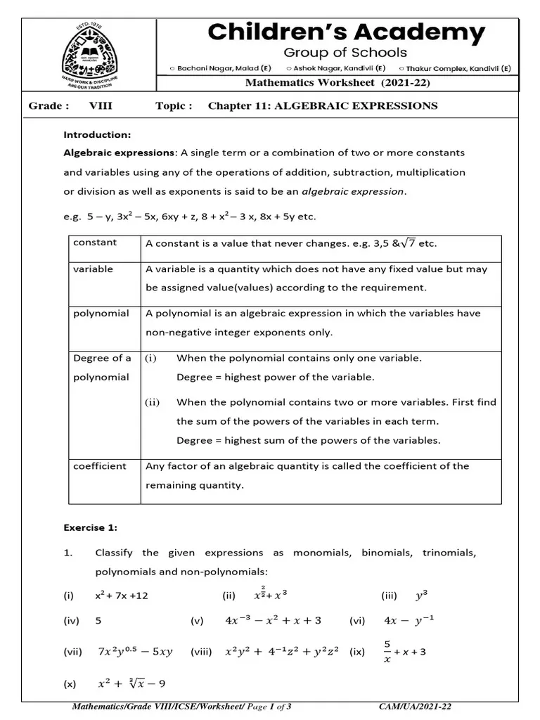 Introduction to Algebraic Expressions Practice Worksheet Ninth Edition Sixth grade student working on an algebraic expressions worksheet focusing on order of operations and like terms