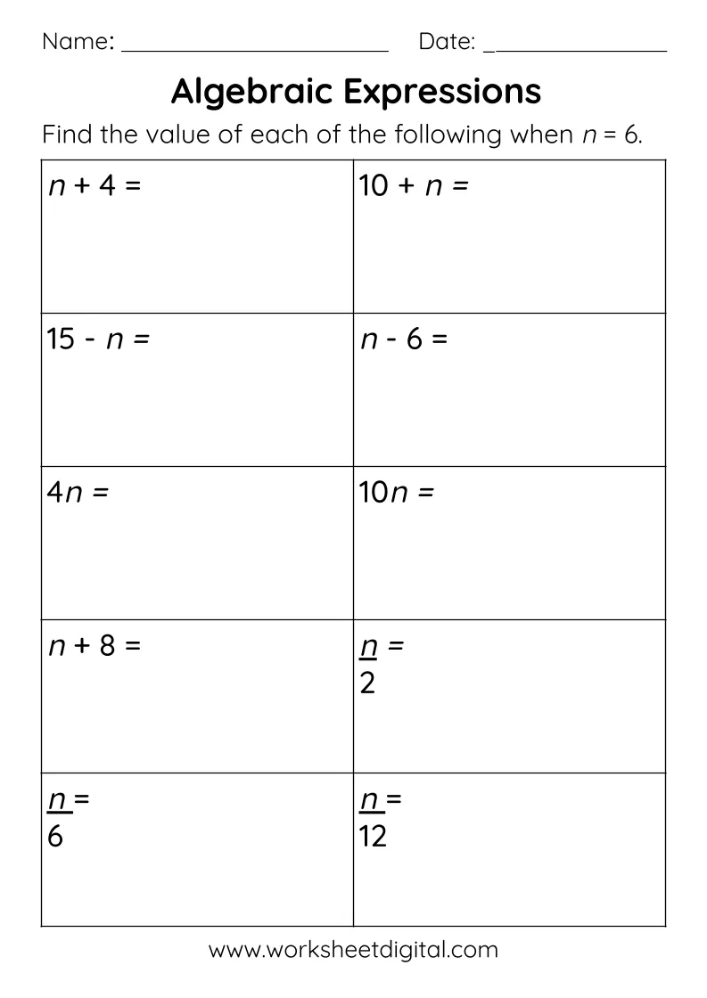 Worksheet for writing algebraic expressions for sixth graders