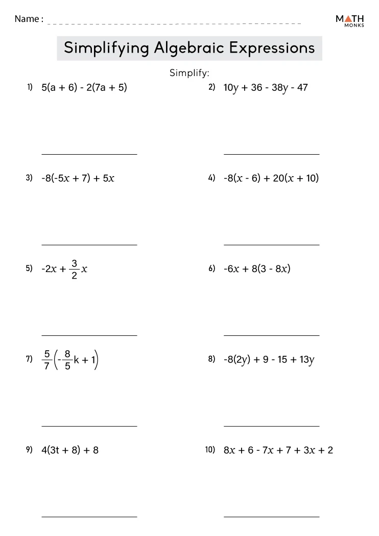 Worksheet for simplifying algebraic expressions for sixth graders focusing on multiplication